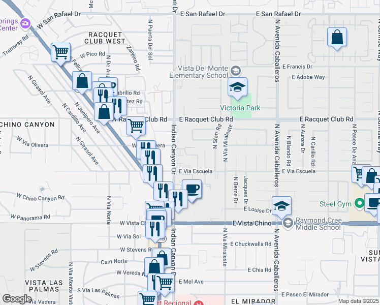 map of restaurants, bars, coffee shops, grocery stores, and more near 371 East Glen Circle South in Palm Springs
