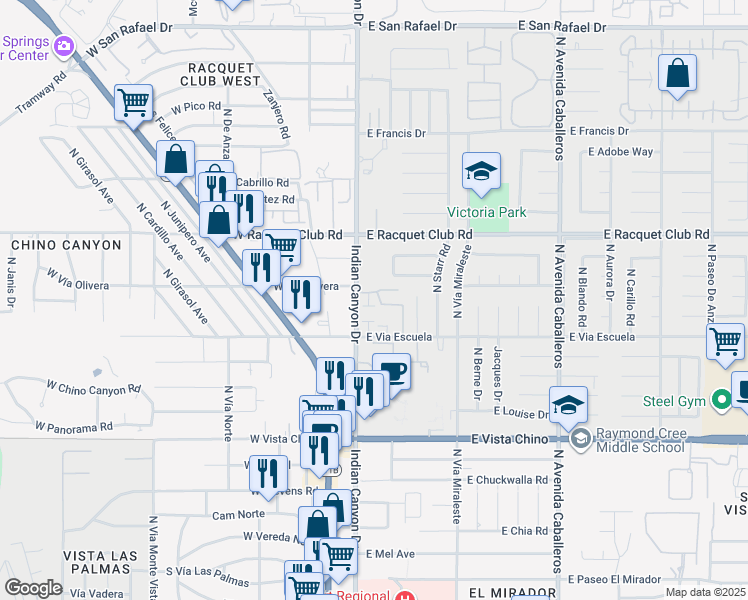 map of restaurants, bars, coffee shops, grocery stores, and more near 199 West Vía Olivera in Palm Springs