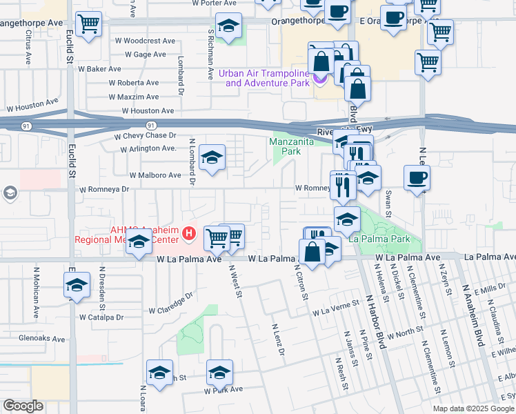 map of restaurants, bars, coffee shops, grocery stores, and more near 1173 N Mayfair Ave in Anaheim