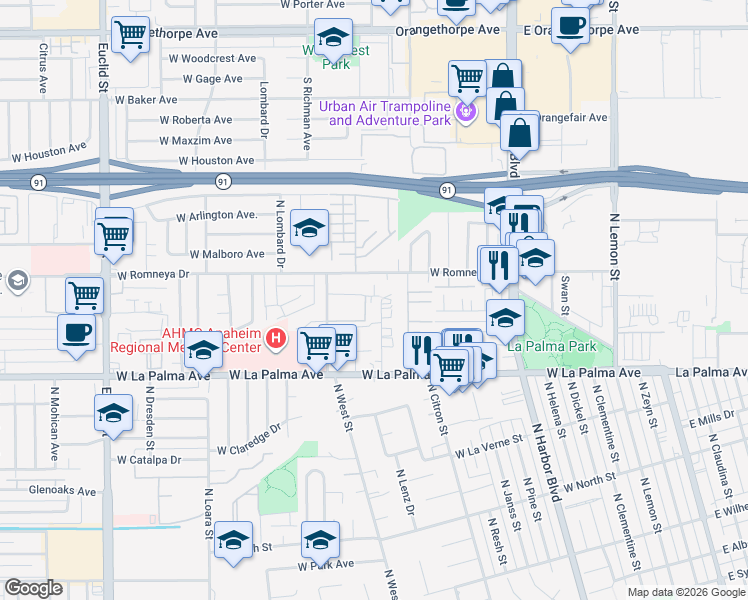 map of restaurants, bars, coffee shops, grocery stores, and more near 906 West Romneya Drive in Anaheim