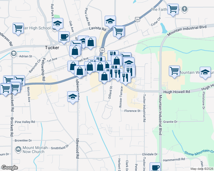 map of restaurants, bars, coffee shops, grocery stores, and more near 4437 Cowan Road in Tucker