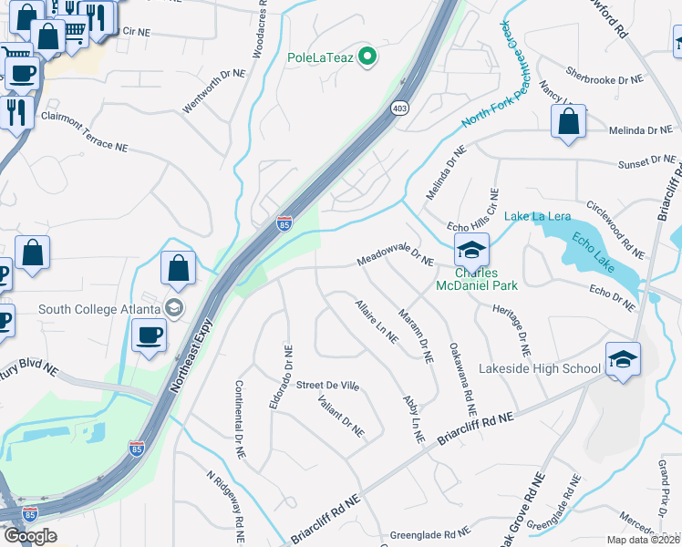 map of restaurants, bars, coffee shops, grocery stores, and more near 2212 Meadowvale Drive Northeast in Atlanta