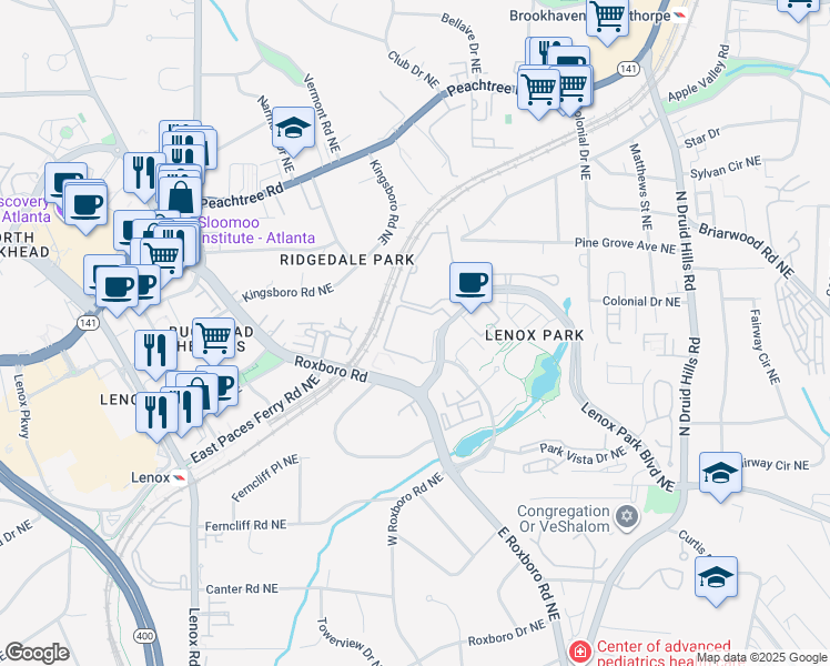 map of restaurants, bars, coffee shops, grocery stores, and more near 1020 Lenox Park Boulevard Northeast in Atlanta