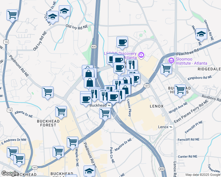 map of restaurants, bars, coffee shops, grocery stores, and more near 3390 Stratford Road Northeast in Atlanta