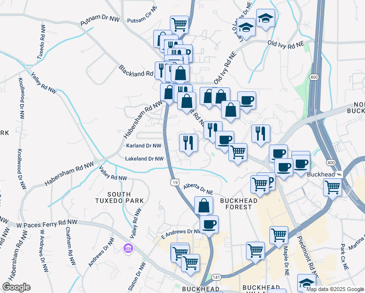 map of restaurants, bars, coffee shops, grocery stores, and more near 3408 Landen Pine Court NorthEast in Atlanta