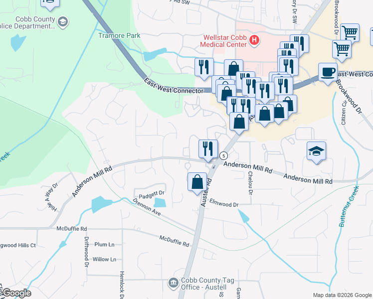 map of restaurants, bars, coffee shops, grocery stores, and more near 1931 Bay Beauty Lane in Austell