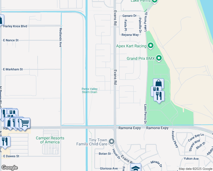 map of restaurants, bars, coffee shops, grocery stores, and more near 4553 Trevino Avenue in Perris