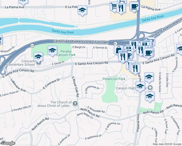 map of restaurants, bars, coffee shops, grocery stores, and more near 5355 East Suncrest Road in Anaheim
