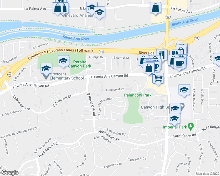 map of restaurants, bars, coffee shops, grocery stores, and more near 5355 East Suncrest Road in Anaheim