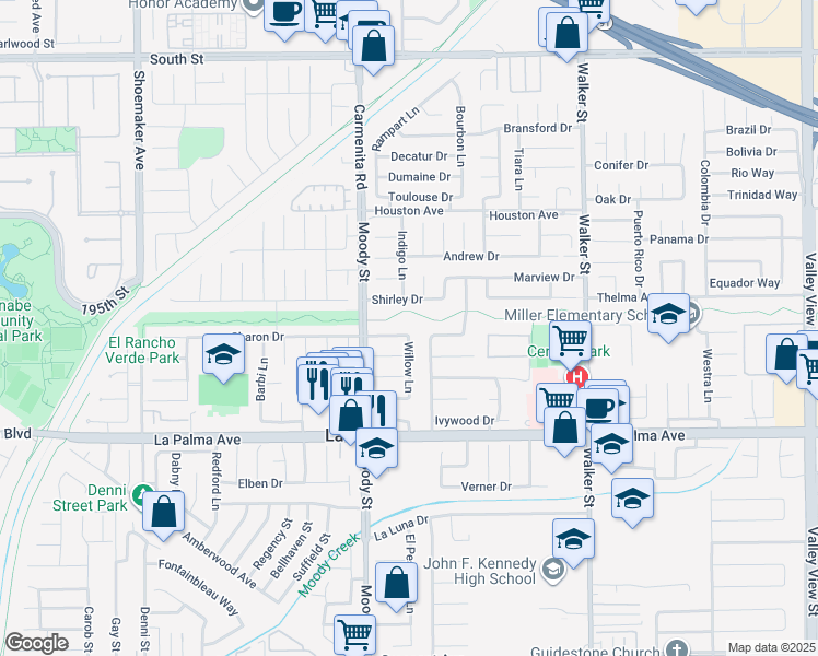 map of restaurants, bars, coffee shops, grocery stores, and more near 5091 Sharon Drive in La Palma