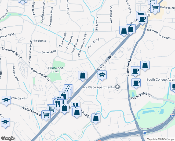 map of restaurants, bars, coffee shops, grocery stores, and more near 3544 Buford Highway Northeast in Atlanta