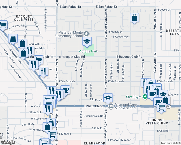 map of restaurants, bars, coffee shops, grocery stores, and more near 680 East Alexander Way in Palm Springs