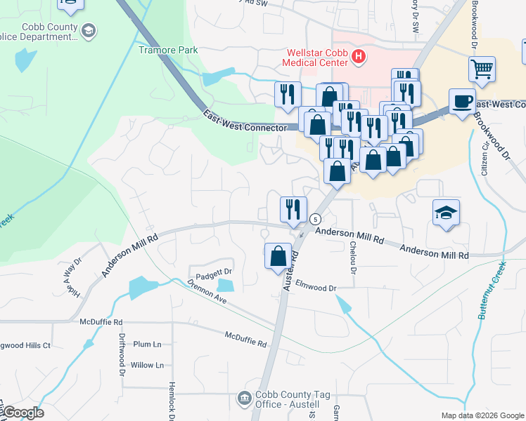 map of restaurants, bars, coffee shops, grocery stores, and more near 1931 Bay Beauty Lane in Austell