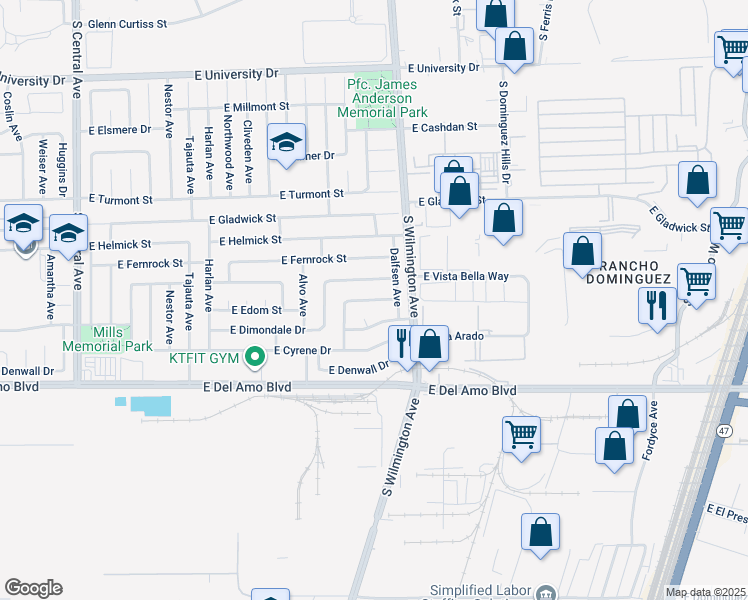 map of restaurants, bars, coffee shops, grocery stores, and more near 1807 East Calstock Street in Carson
