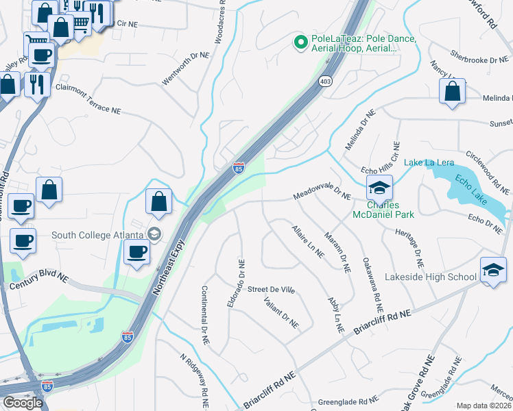 map of restaurants, bars, coffee shops, grocery stores, and more near 2290 Fisher Trail Northeast in Atlanta
