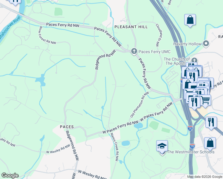 map of restaurants, bars, coffee shops, grocery stores, and more near 3499 Nancy Creek Road Northwest in Atlanta
