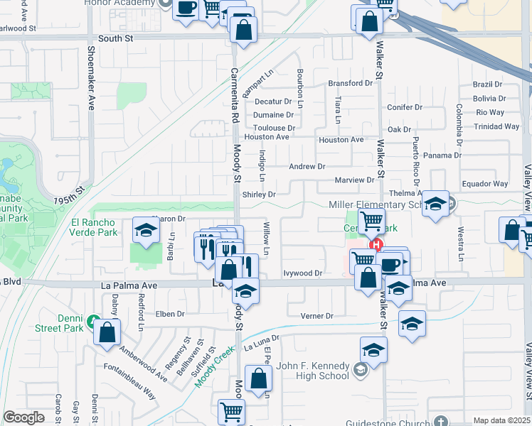 map of restaurants, bars, coffee shops, grocery stores, and more near 5091 Sharon Drive in La Palma