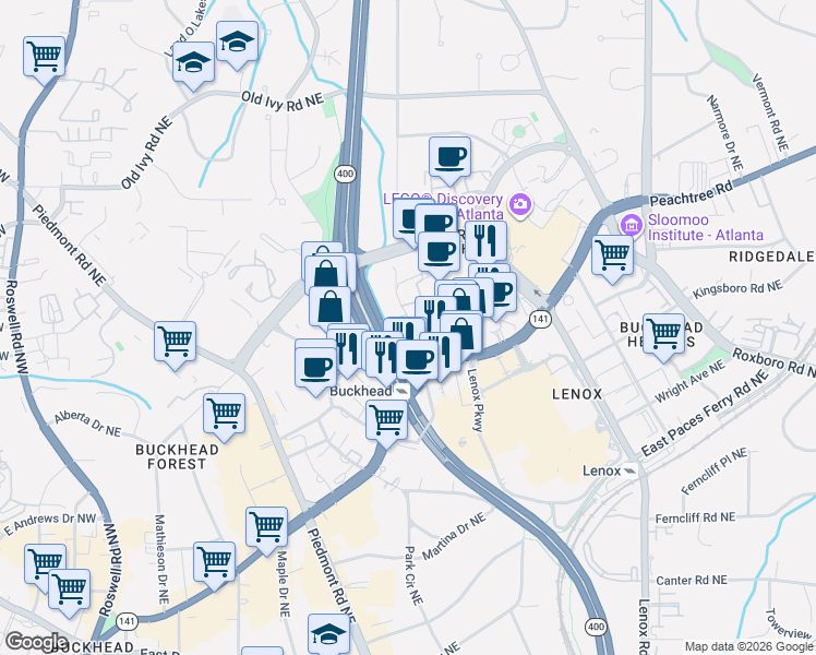 map of restaurants, bars, coffee shops, grocery stores, and more near 3390 Stratford Road Northeast in Atlanta