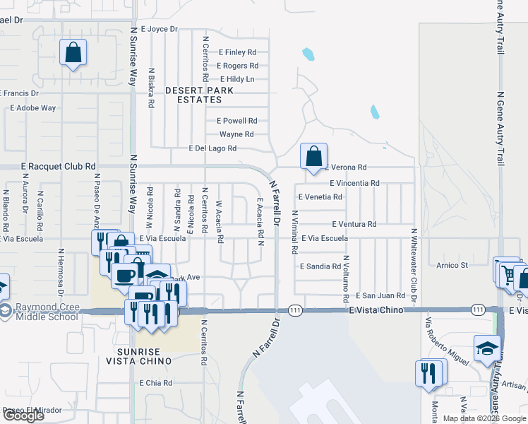 map of restaurants, bars, coffee shops, grocery stores, and more near 2250 Acacia Road East in Palm Springs