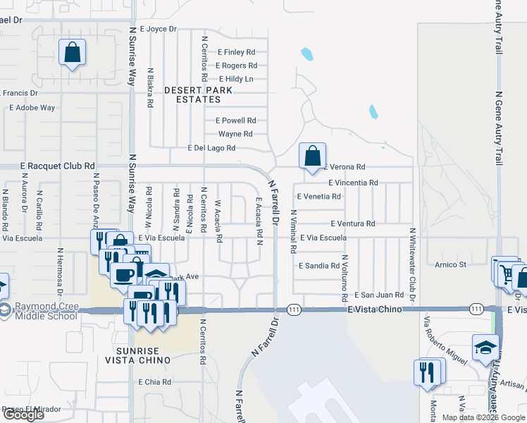 map of restaurants, bars, coffee shops, grocery stores, and more near 2250 Acacia Road East in Palm Springs
