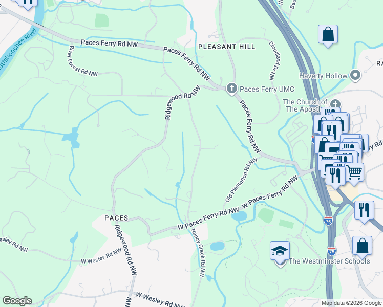 map of restaurants, bars, coffee shops, grocery stores, and more near 3499 Nancy Creek Road Northwest in Atlanta