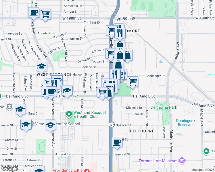 map of restaurants, bars, coffee shops, grocery stores, and more near 20035 Hawthorne Boulevard in Torrance