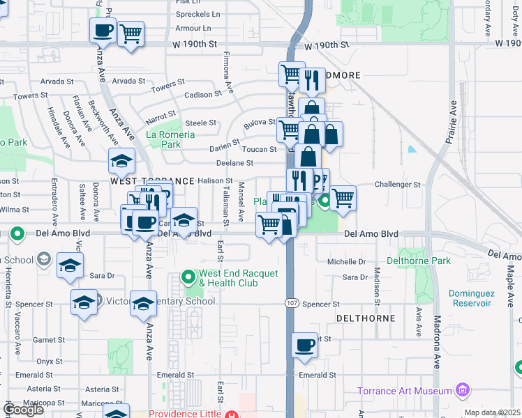 map of restaurants, bars, coffee shops, grocery stores, and more near 20034 Grevillea Avenue in Torrance