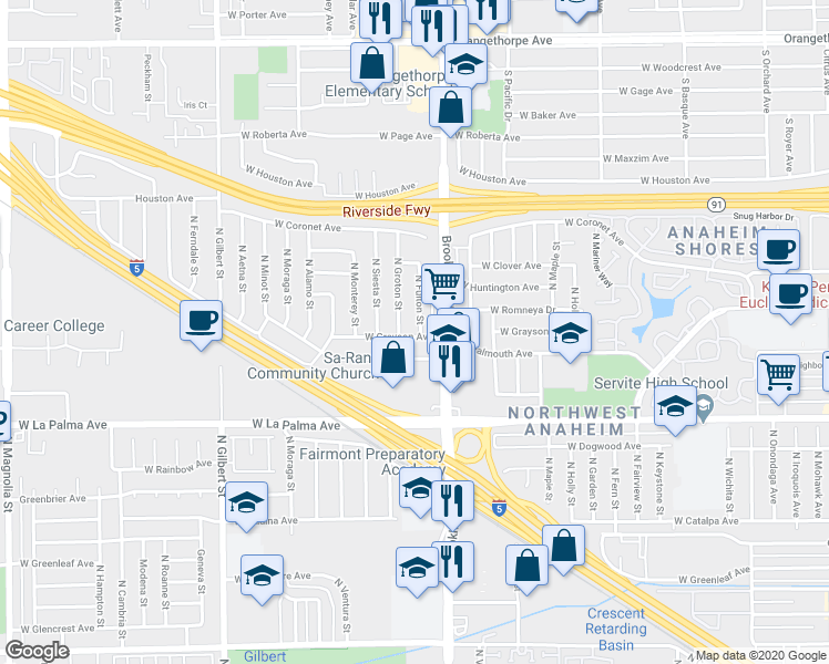 map of restaurants, bars, coffee shops, grocery stores, and more near 1203 North Fulton Street in Anaheim