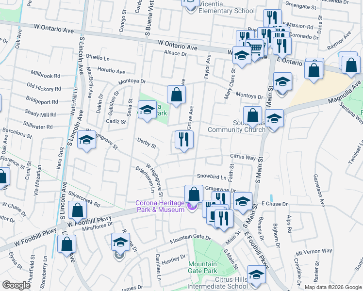 map of restaurants, bars, coffee shops, grocery stores, and more near 660 Glen Springs Lane in Corona
