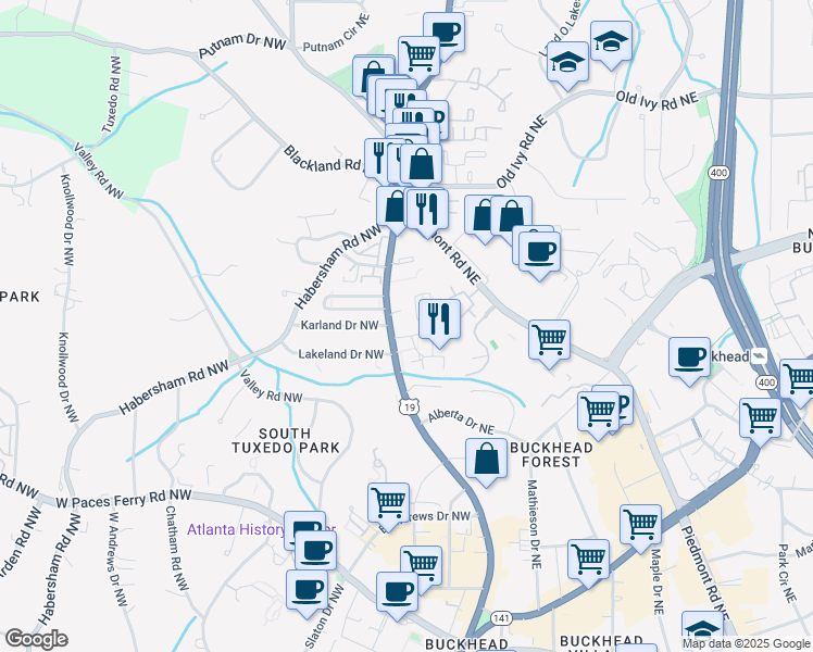 map of restaurants, bars, coffee shops, grocery stores, and more near 3489 Roswell Road in Atlanta