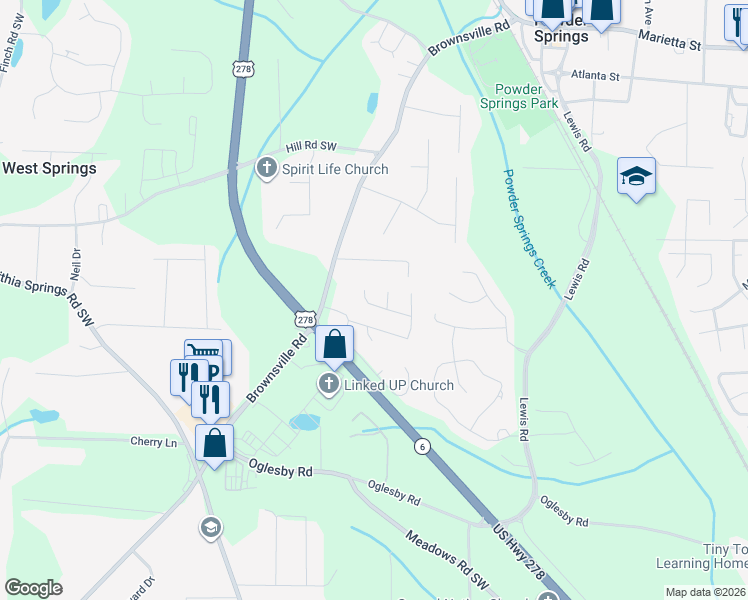 map of restaurants, bars, coffee shops, grocery stores, and more near 6260 Wager Court in Powder Springs