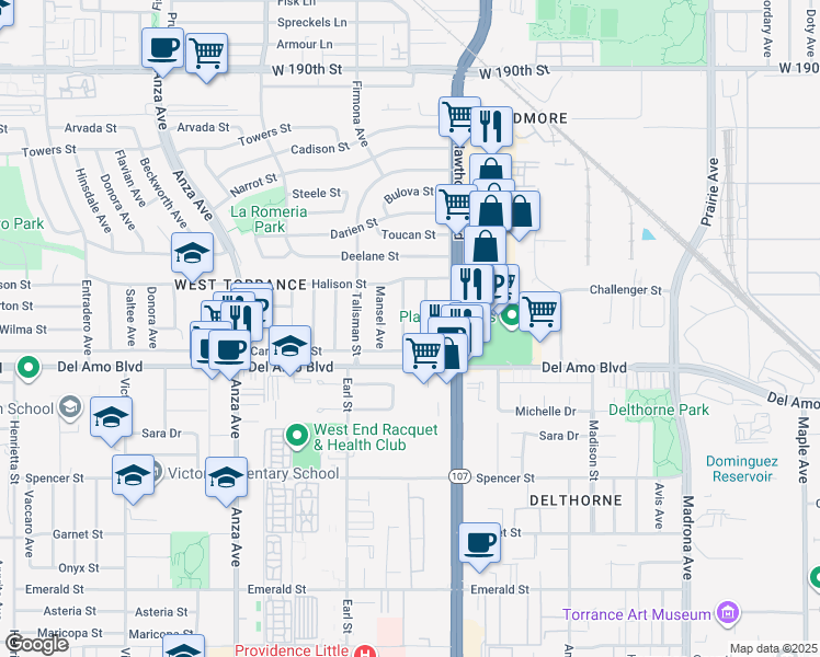 map of restaurants, bars, coffee shops, grocery stores, and more near 20034 Grevillea Avenue in Torrance