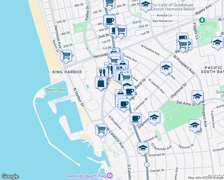 map of restaurants, bars, coffee shops, grocery stores, and more near 530 North Francisca Avenue in Redondo Beach