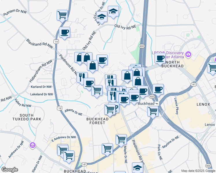 map of restaurants, bars, coffee shops, grocery stores, and more near 3475 Piedmont Road Northeast in Atlanta