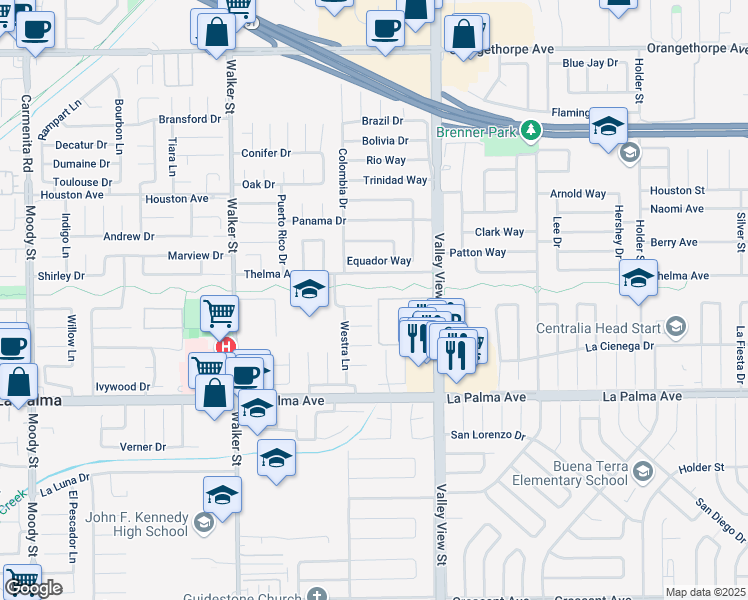 map of restaurants, bars, coffee shops, grocery stores, and more near 5782 Thelma Avenue in La Palma