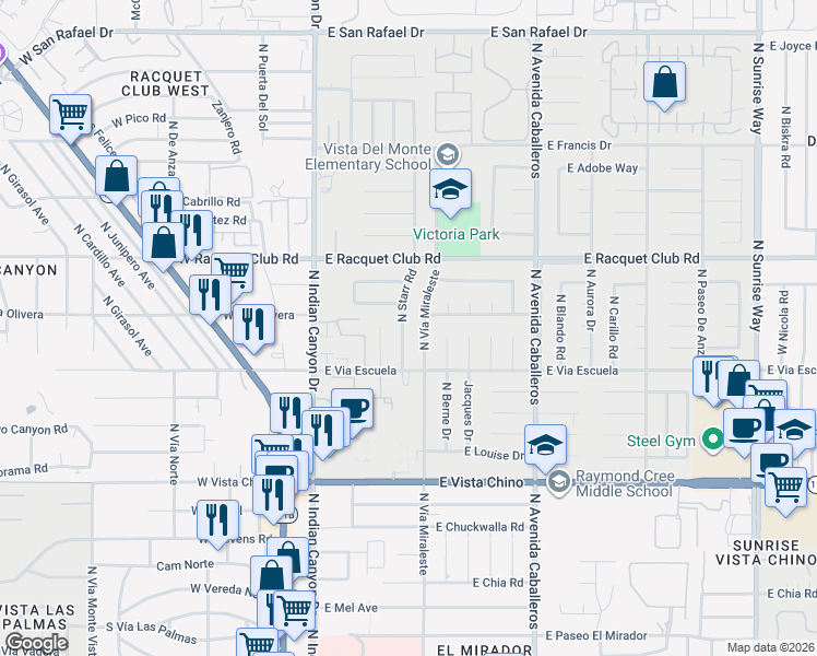 map of restaurants, bars, coffee shops, grocery stores, and more near 577 East Glen Circle South in Palm Springs
