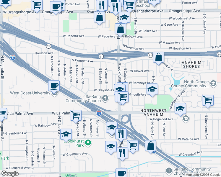map of restaurants, bars, coffee shops, grocery stores, and more near 1203 North Fulton Street in Anaheim