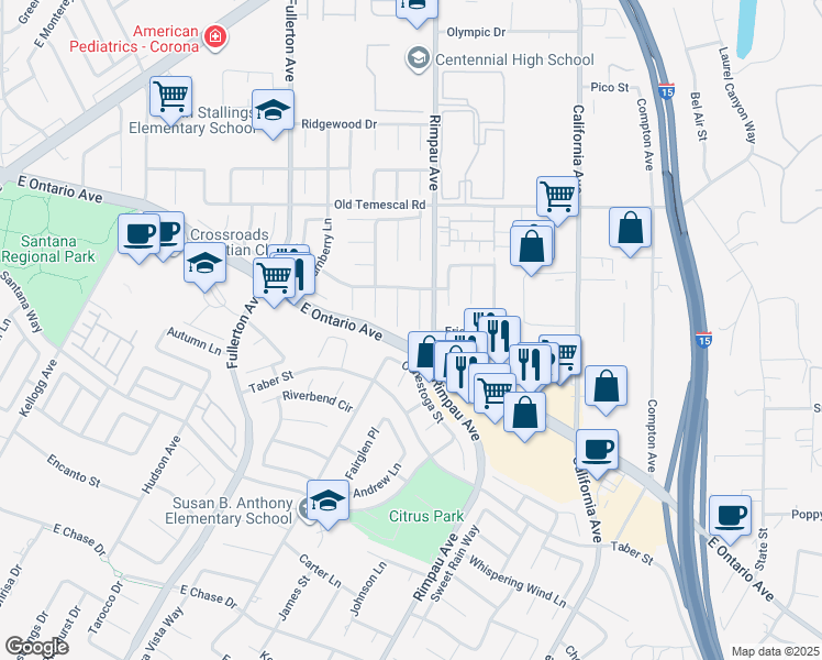 map of restaurants, bars, coffee shops, grocery stores, and more near 2262 Prescott Circle in Corona