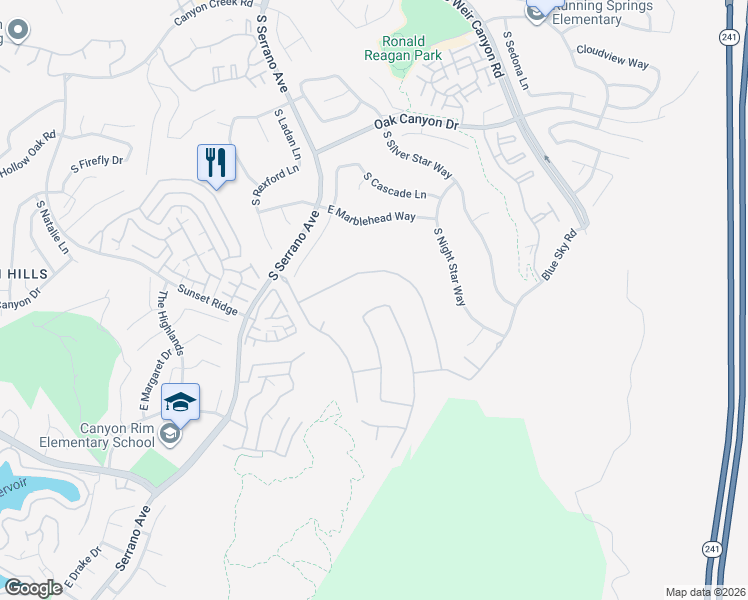 map of restaurants, bars, coffee shops, grocery stores, and more near 8245 East Serene Ridge Lane in Anaheim