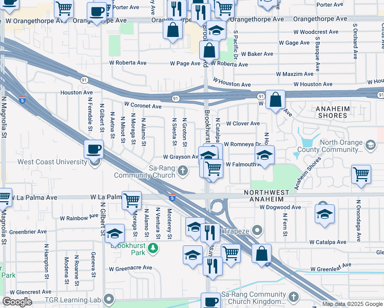 map of restaurants, bars, coffee shops, grocery stores, and more near 1203 North Fulton Street in Anaheim