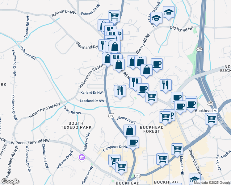 map of restaurants, bars, coffee shops, grocery stores, and more near 3408 Landen Pine Court NorthEast in Atlanta