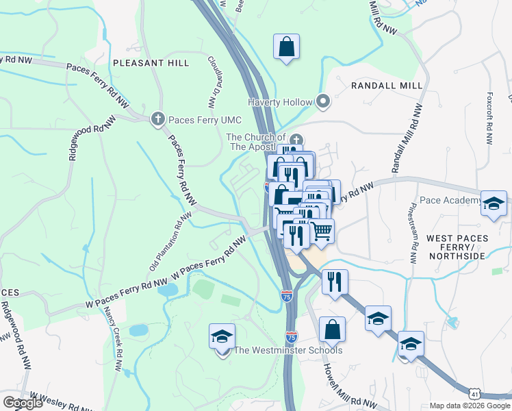 map of restaurants, bars, coffee shops, grocery stores, and more near 1401 West Paces Ferry Road Northwest in Atlanta