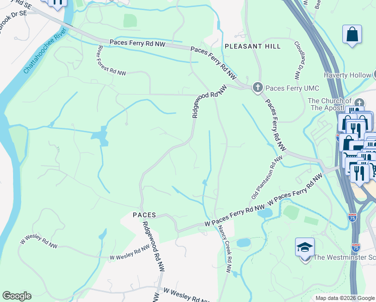 map of restaurants, bars, coffee shops, grocery stores, and more near 3489 Ridgewood Road Northwest in Atlanta