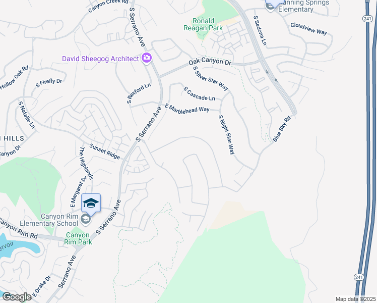 map of restaurants, bars, coffee shops, grocery stores, and more near 8245 East Serene Ridge Lane in Anaheim
