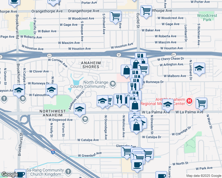 map of restaurants, bars, coffee shops, grocery stores, and more near 1884 West Romneya Drive in Anaheim