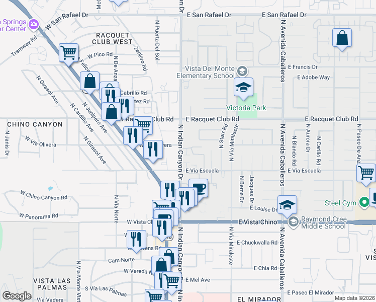 map of restaurants, bars, coffee shops, grocery stores, and more near 2274 North Indian Canyon Drive in Palm Springs