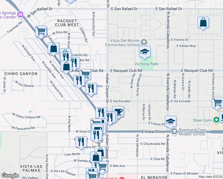 map of restaurants, bars, coffee shops, grocery stores, and more near 199 West Vía Olivera in Palm Springs