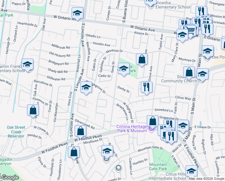 map of restaurants, bars, coffee shops, grocery stores, and more near 2712 South Buena Vista Avenue in Corona