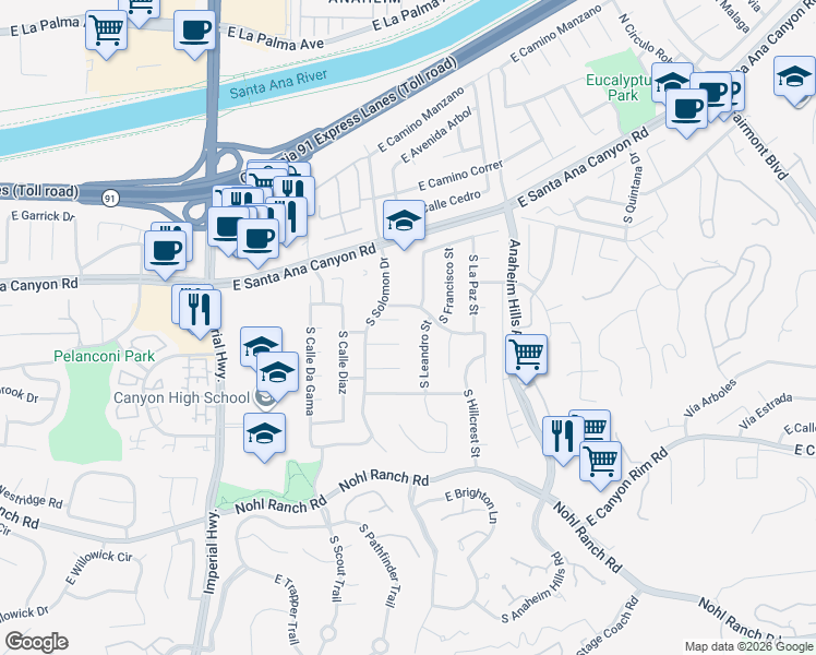 map of restaurants, bars, coffee shops, grocery stores, and more near 5917 East Arno Crescent Street in Anaheim