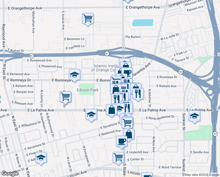 map of restaurants, bars, coffee shops, grocery stores, and more near 1836 East Romneya Drive in Anaheim